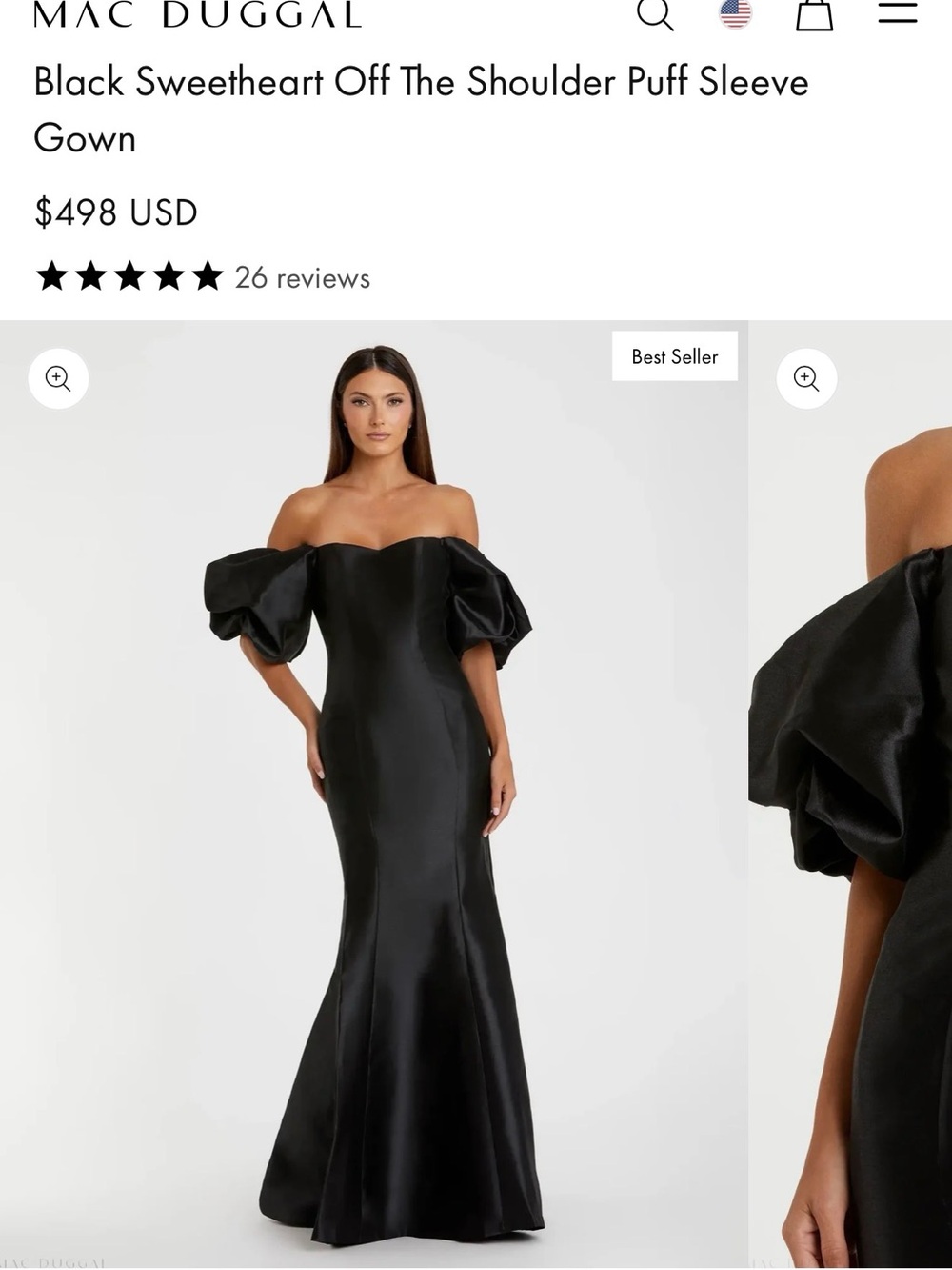 Mac Duggal Black Sweetheart Off-the-Shoulder Puff Sleeve Mermaid Gown